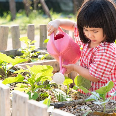 A young girl watering plants